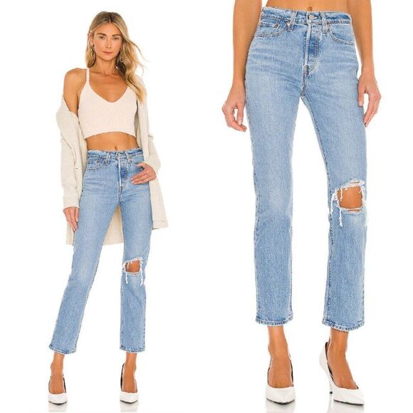 Levi’s Wedgie Straight Distressed Ankle Cropped Blue Denim Jeans - Picture 1 of 14